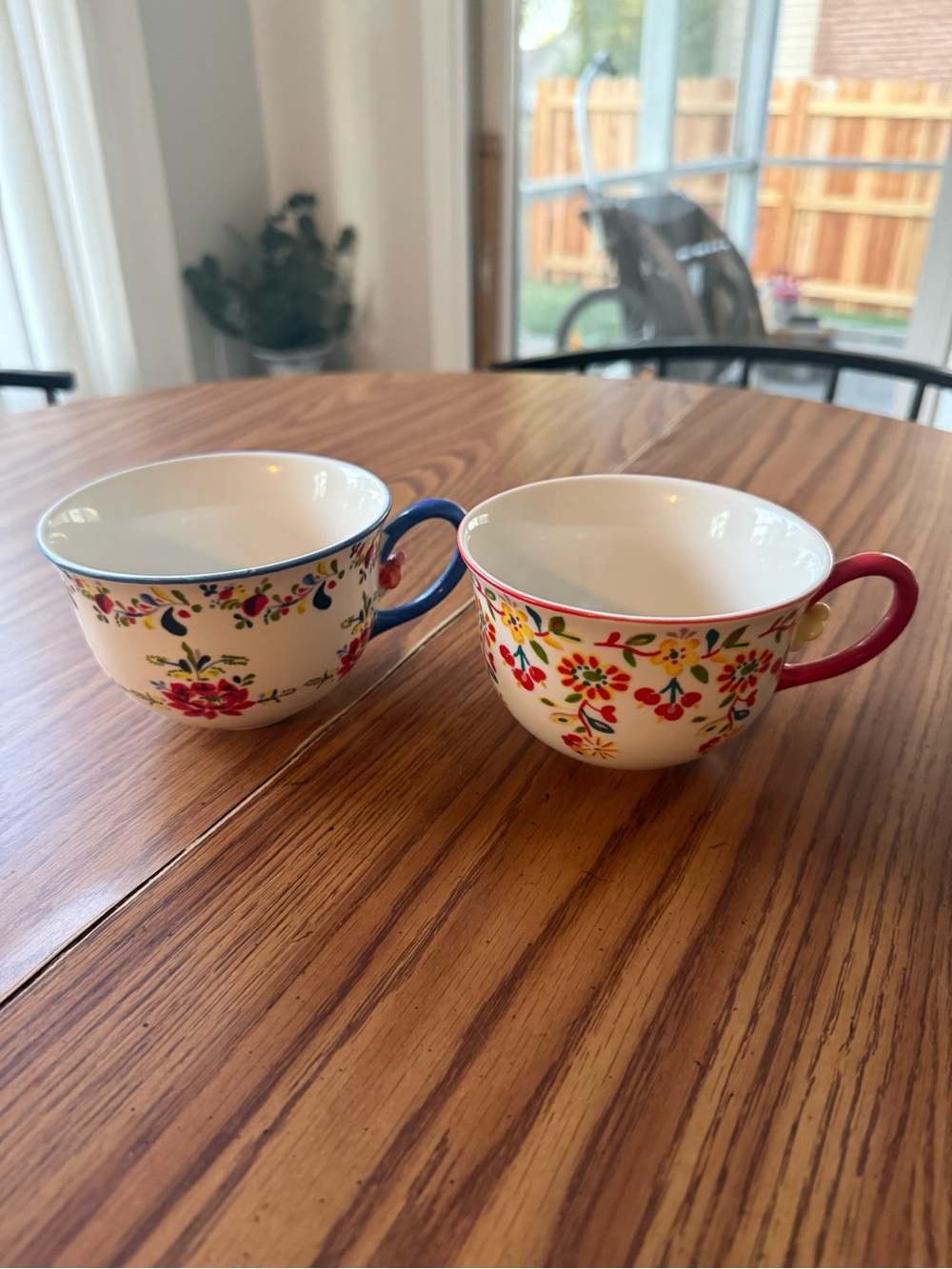 Anthropologie Floral Ceramic Teacup with Colored Handle - Red and Blue